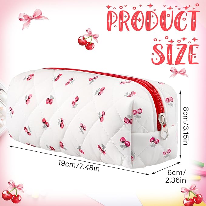 Sherr Cherry Pencil Case Cute Pencil Pouch Soft Cotton Quilted Storage Bag Aesthetic Pattern Gift Makeup Pouch Cosmetic Travel Bag for Women