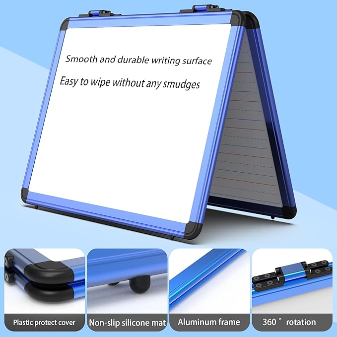 Dry Erase Board, 17x13 inch with 4 Sides Magnetic Whiteboard, A3 Foldable Small White Board with Lines, Perfect for Office, School, and Home. (Blue)