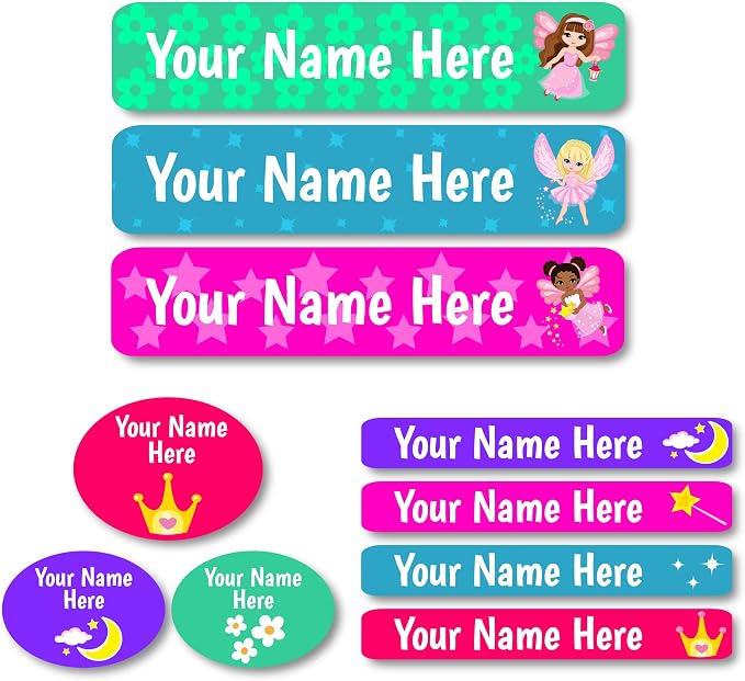 Lovable Labels Personalized Labels for Kids (85 Labels/Pack) - 3 Label Sizes Waterproof Dishwasher Safe Peel & Stick Labels for School Supplies Daycare Camp Clothing Bottles (Stardust Fairies)