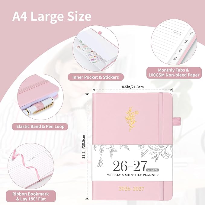 Planner 2026-2027, 8.5" x 11" Weekly and Monthly Planner with Tabs from Jul 2026 - Jun 2027 Academic Year, A4 Large Hardcover Agenda Calendar with Date for School & Office Schedule, Pink