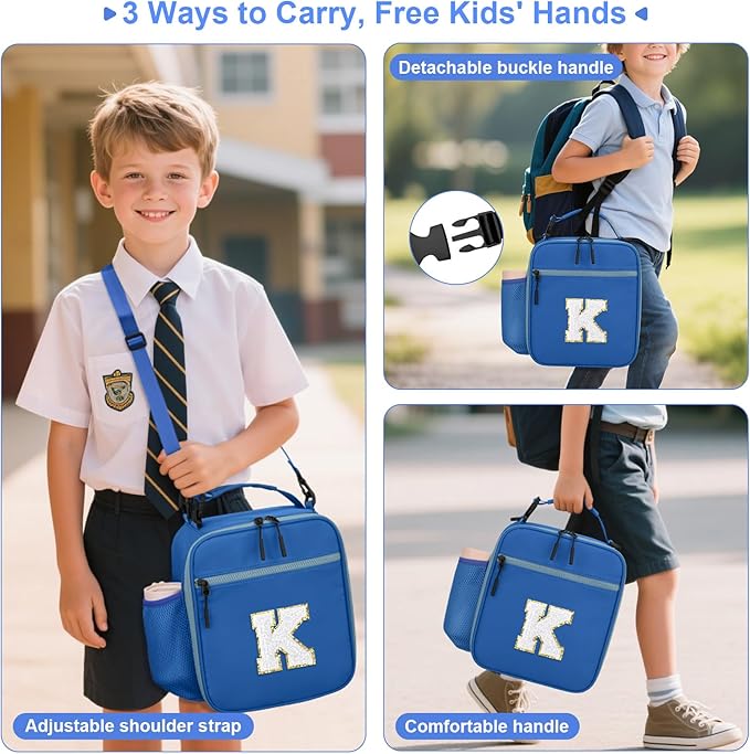 Initial Insulated Lunch Bag for Boys Kids, Back to School Gift, Reusable Leak-proof Lunch Box with Adjustable Strap for School Daycare Travel Picnic（Blue，K）
