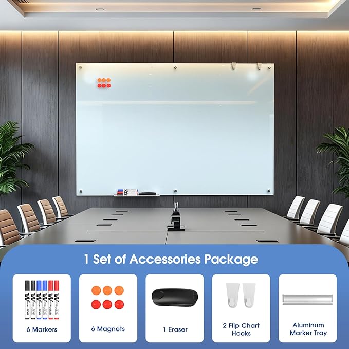 MaxGear Glass Whiteboard 96 x 48 Inch, Extra Large Tempered Glass Dry Erase Board 8 x 4 ft, Frameless Wall Mounted Magnetic Whiteboard for Conference Room, Classroom, Presentation, Team Collaboration