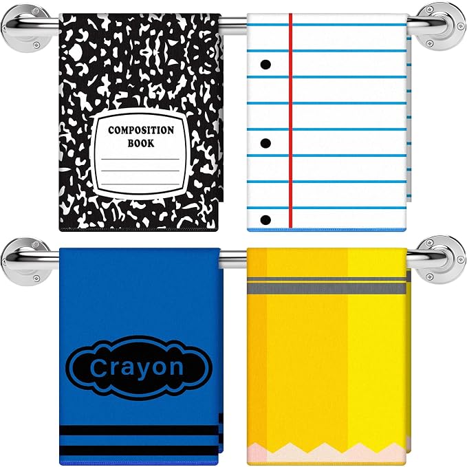Frienda 4 Pcs Back to School Teacher Gift Kitchen Dish Towels 16x24'' First Day of School Classroom Decor Crayon Pencil Composition Notebook Decorative Hand Towel for Classroom Party Favor (Classic)