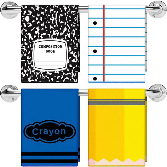 Frienda 4 Pcs Back to School Teacher Gift Kitchen Dish Towels 16x24'' First Day of School Classroom Decor Crayon Pencil Composition Notebook Decorative Hand Towel for Classroom Party Favor (Classic)
