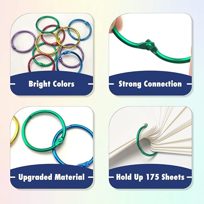 OWLKELA 100 Pcs Binder Rings 1 Inch, Office Book Rings, Loose Leaf Rings, Metallic Assorted Colors