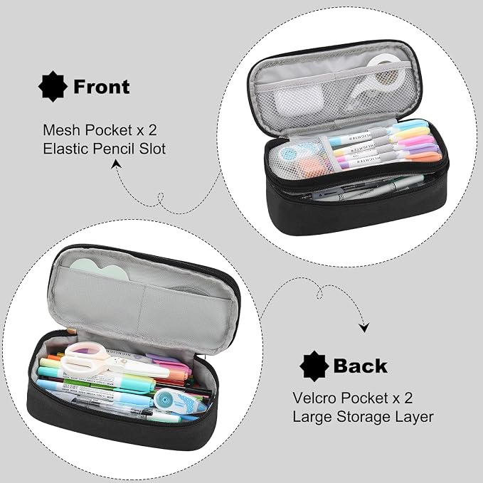 Large Pencil Bag for Boys Teens Kids School Zipper Pencil Pouch Black | Organizer Aesthetic Pencil Case Big Stationery Pencil Box for School Office, Wear-resistant Fabric, Large Capacity Design