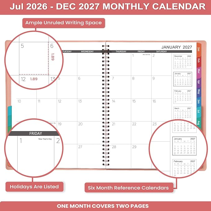 2026-2027 Monthly Planner - 2026-2027 9'' x 11'' Monthly Planner/Calendar from JUL. 2026 - DEC. 2027, 12-Months Calendar Spiral Bound with Soft Leather Cover, 15 Note Pages, Tabs, Inner Pocket
