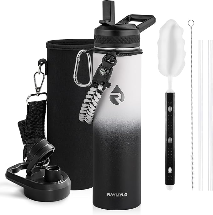RAYMYLO Insulated Water Bottle 24oz, Triple Wall Vacuum Stainless Steel (Cold for 24Hrs, Hot for 12Hrs), Leak Proof & Non-BPA, 24oz Hydro Water Flask with Paracord Handle & Straw Spout Lids