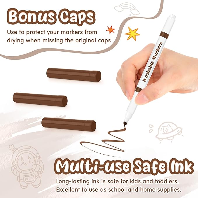 18 Pcs Line Washable Markers Bulk Brown Fine Tip Markers Set Coloring Thin Tip Drawing Washable Pen for Kids Toddler Teacher Art School Classroom Back to School Gender Reveal Party Supplies,Ages 6+