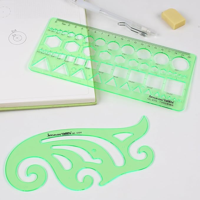 11PCS Geometric Drawings Templates, Drafting Stencils Measuring Tools, Transparent Green Plastic Ruler, for Architecture, Office, Studying, Designing