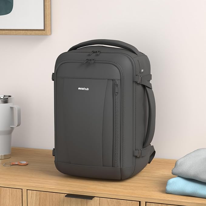 ECOHUB Travel Backpack 18x14x8 Frontier Airlines Personal Item Bag Black | Carry On Backpack with 13 Pockets, Casual Daypack for Men Women Airline Approved Water Resistant Back pack with Charging Port