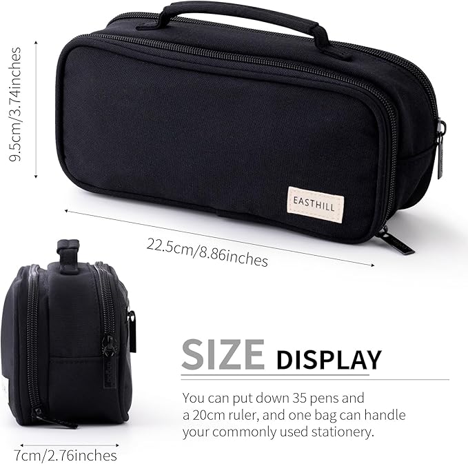 EASTHILL Large Capacity Pencil Case Pen Pouch Organizer Canvas Pencil Bag with Handle School Supplies for Teen Girls-Black