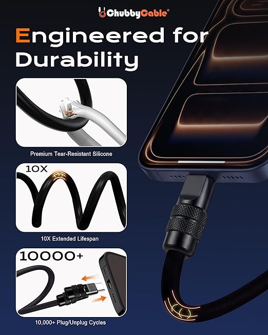 chubbycable Black Chubby Black Samurai Edition 120W USB C Cable Fast Charging Cable Durable Silicone Charger Cord Compatible with iPhone 17-15 Series iPad MacBook Airpods, USB A to Type C, 8.5FT