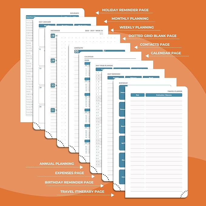Planner 2026-2027 Daily Weekly and Monthly,6.5"x3.75",18 Months Spiral Bound Calendar Agenda with Self-adhesive Pen Holder,2026 Academic Plan with Vegan Leather Soft Cover,Orange