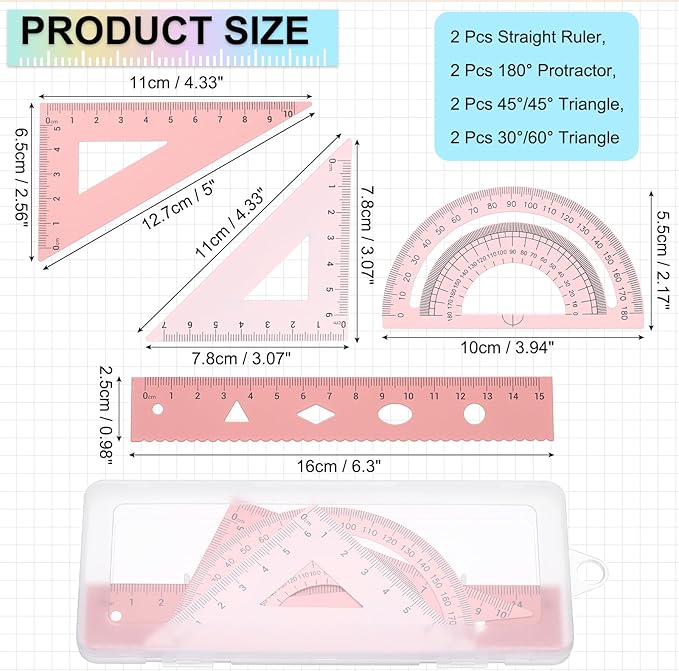 PATIKIL Geometry Set, 2 Pack 6 Inch Aluminum Ruler & 4 Triangles, Metal Protractor Ruler Math Drafting Measuring Tool for Home Office Math Drawing Engineering Art,Gradient Pink