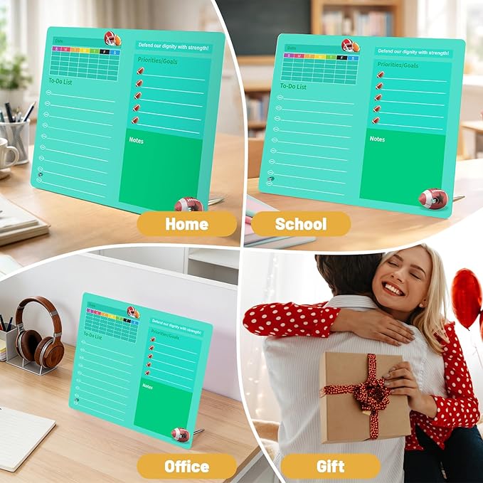 LeMotech Desktop Acrylic Dry Erase Board, 12x10 inches Weekly & to-Do List Planner, Tabletop Whiteboard with Stand, Office Supplies Includes 2 Markers & 1 Eraser, Green Football Pattern, 2 Pack