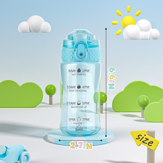OLDLEY 12oz Kids Water Bottle, Tritan BPA-Free, Leakproof Flip Straw Lid, Motivational Time Marker, Carry Strap, Reusable Clear Water Bottle for Boys & Girls,Cerulean