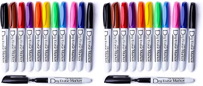 Volcanics Dry Erase Markers Low Odor Fine Whiteboard Markers Thin Box of 12, 10 Colors (Pack of 2)