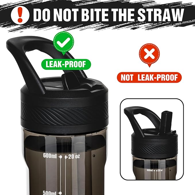 OLDLEY 20oz Kids Water Bottle with Straw, BPA-Free Tritan Water Bottle for School, Leakproof Clear Water Bottle with One Click Open, Measurement Scale, Cup Holder Friendly for Boys Girls,Black
