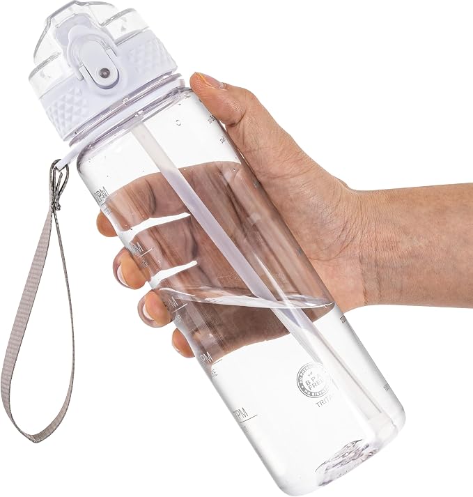 OLDLEY 17oz Kids Water Bottle, Tritan BPA-Free, Leakproof Flip Straw Lid, Motivational Time Marker, Carry Strap, Reusable Clear Water Bottle for Boys & Girls,Clear