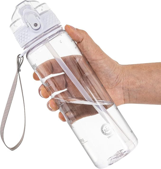 OLDLEY 17oz Kids Water Bottle, Tritan BPA-Free, Leakproof Flip Straw Lid, Motivational Time Marker, Carry Strap, Reusable Clear Water Bottle for Boys & Girls,Clear