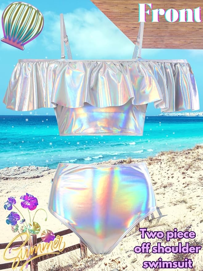 Kaei&Shi High Waisted Flounce Bikini Set,Tummy Control Swimsuits for Women,Off Shoulder