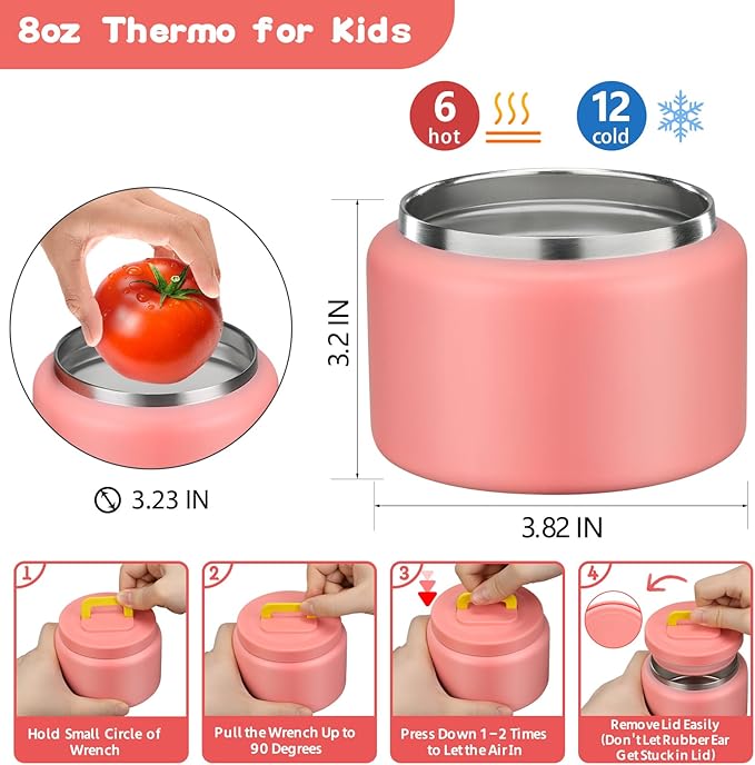 MAISON HUIS Bento Lunch Box with 8oz Soup Thermo, 5-Compartment Leak-Proof Container, Thermo Hot Food Jar and Insulated Lunch Bag, BPA Free,Travel, School (Pink)