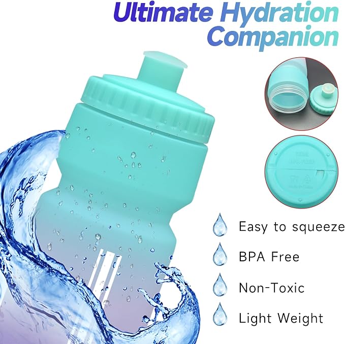 24oz Bike Water Bottle, Cycling Squeeze Water Bottle Leakproof BPA Free | with Capacity Scale w/Pull Top Lid, Reusable, for Bicycle, Gym,Camping, Hiking