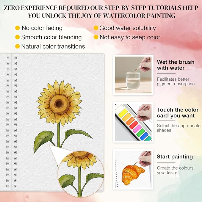 2-Pack Beginner Watercolor Workbooks: 24 Coloring Pages + 12 Watercolor Paints + Brush – 300gsm/140lb Paper – Gift for Women, Adults & Beginners (Birds & Flower)