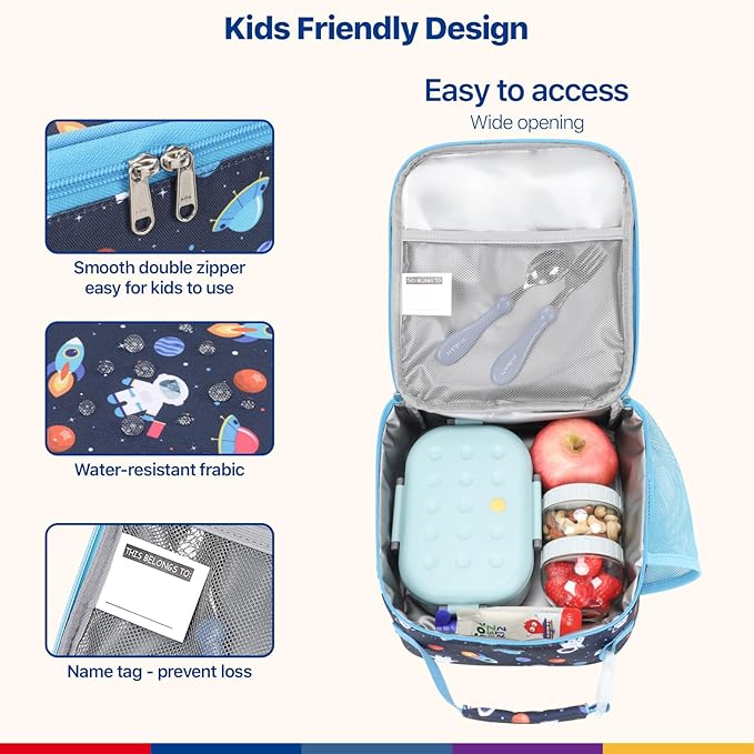 Bagseri Kids Lunch Box for Boys - Insulated Toddler Lunch Bag Fits Bento Box, Reusable Daycare Cooler Tote with Clip Handle, Water-Resistant Lining, Navy Space