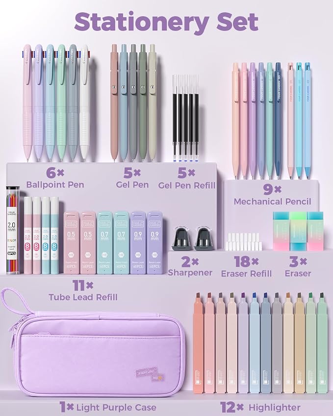Four Candies 56 PCS School Supplies with Cute Pencil Case (Light Purple) | 6 Multicolor Pens, 12 Pastel Highlighters, 5 Black Gel Pens, 9 Mechanical Pencils, Student Stationery Set College Essentials