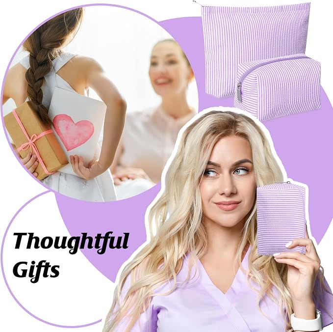 Huhumy 2 Pcs Makeup Bag Set for Women, Purple, Thin Striped Seersucker | Cute Cosmetic Pouch Women Travel Toiletry Bag Preppy Small Makeup Purse Pouch Aesthetic Skincare Brushes Storage Organizer