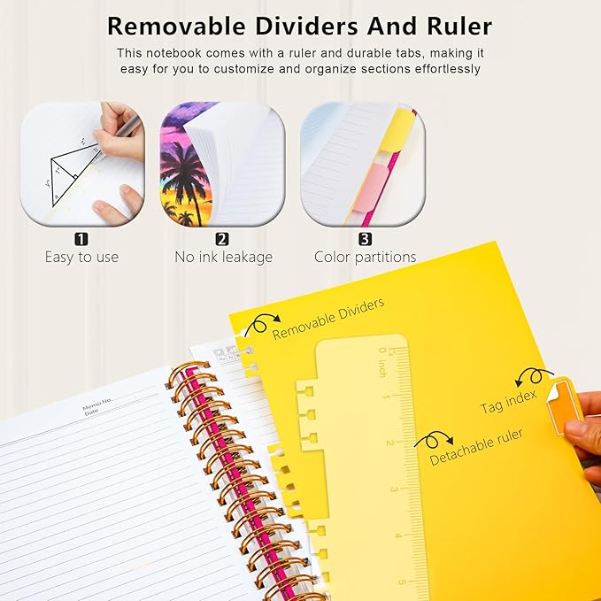 Hardcover Spiral Notebook College Ruled, 8"x10" Leather Journal Notebook with Magnetic Closure, 300 Pages 5 Subject Notebook with Dividers Tabs Journal for Women Men, Work, School(Rose Red)