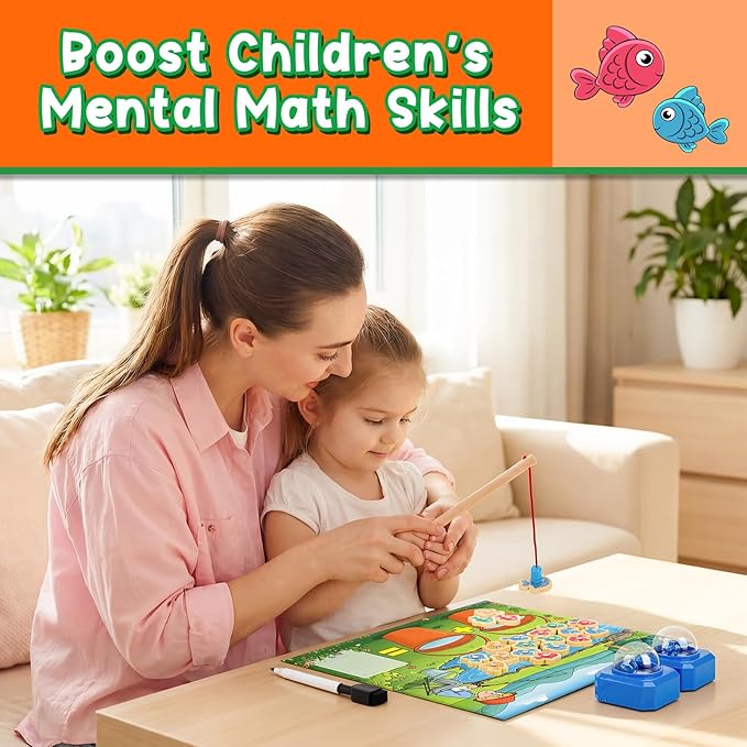 Magnetic Fishing Math Game for Kids 3-5, Montessori Counting Toy with Dice Poppers, Preschool Math Manipulatives Board Game, Addition and Subtraction Dice Game for Homeschool Classroom
