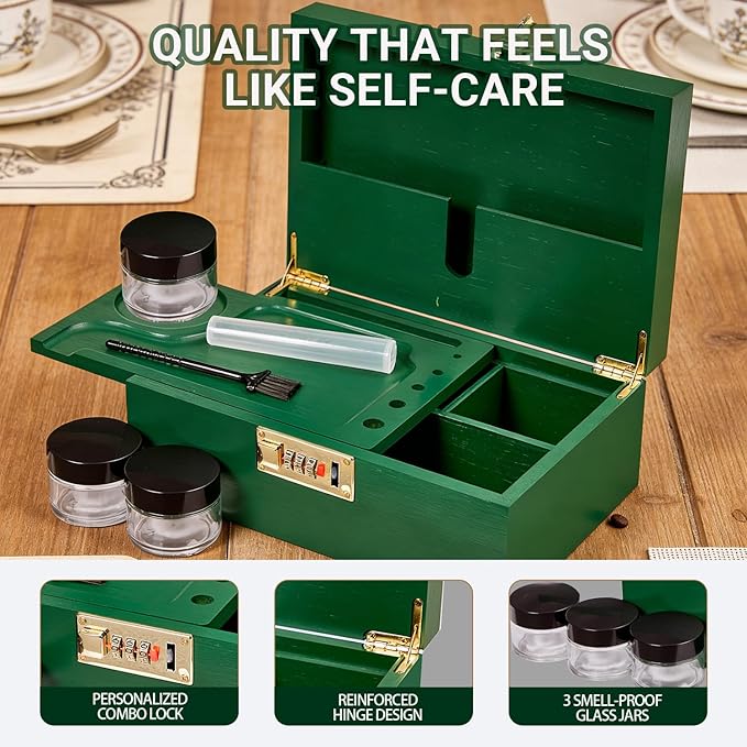 Bamboo Wood Desktop Organizer with 3 Glass Jars and Sliding Tray - Red Multi-Compartment Storage Case for Craft Supplies, Stationery, and Small Accessories (Green)