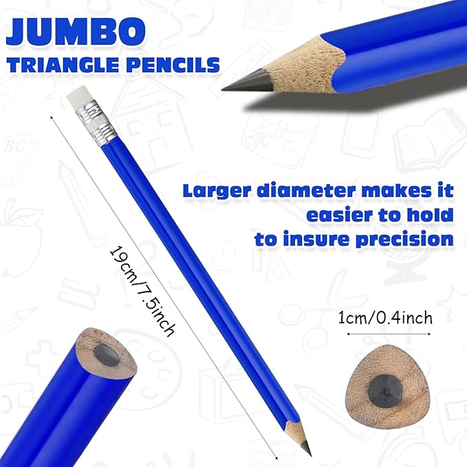 Fainne 102 Pieces Jumbo Pencils Set for Kids Toddlers 96 Thick Fat Large Pencils with Erasers 6 Sharpeners Bulk for Preschool Kindergarten Elementary School Classroom(Blue,Triangle)