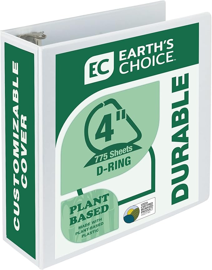 Samsill Plant-Based 4 Inch Durable D-Ring, View Binder, Eco-Friendly, USDA Certified Biobased, White, Pack of 1