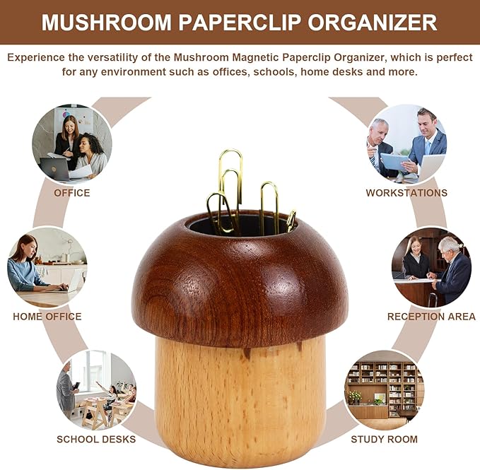 MultiBey Magnetic Mushroom Paper Clip Holder –Wooden Paperclip Holders for Desk with 100pcs 1.1in Gold Paperclips, Cute Paper Clip Dispenser for School,Home,Office