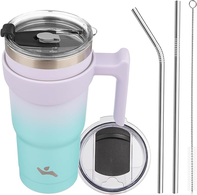Konokyo 20 oz Tumbler with Handle and 2 Straw 2 Lid, Insulated Water Bottle Stainless Steel Vacuum Cup Reusable Travel Mug, Lavender Green