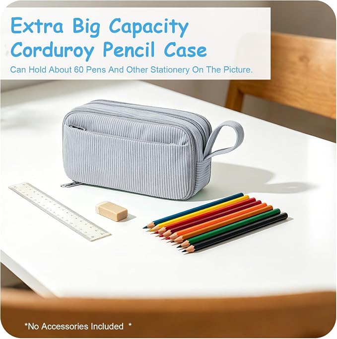 BuyCard Grey Corduroy Pencil Case, Large Capacity Zipper Pouch, Gray, Casual Style, Supplies Organizer for Teen Girls and Boys