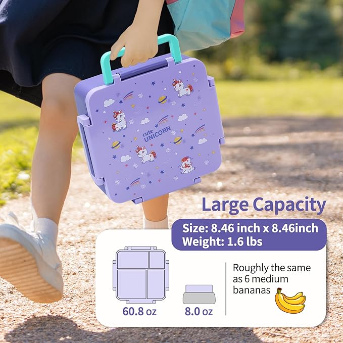 Bento Box for Kids with Thermos, [Large Capacity] Insulated Kids Lunch Box with 4 Compartment for Ages 3+, Drop-Proof & Dishwasher Safe Lunchbox Container Purple