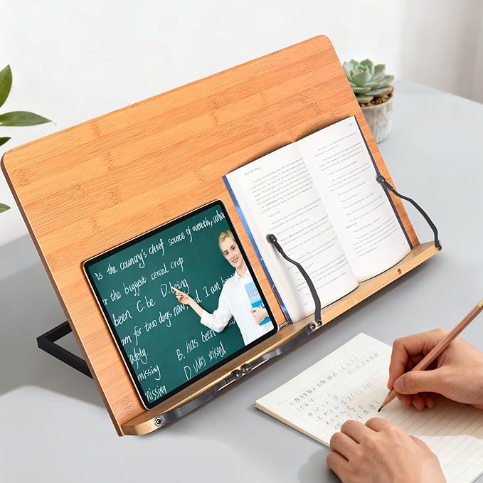 wishacc 24" Oversized Large MDF Wooden Book Stand & Holder for Reading Hands Free for Large Books in Bed,Cookbook,Textbook,Law,with 8 Adjustable Height Laptop Stand