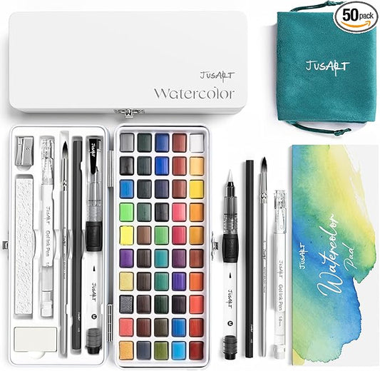 JusArt 50 Colors Watercolor Paint Set,Art Supplies with Metallic Color, Detail Painting Brushes, Water Brush Pens, Portable Travel Watercolor Painting Set for Adult, Artists, Professionals