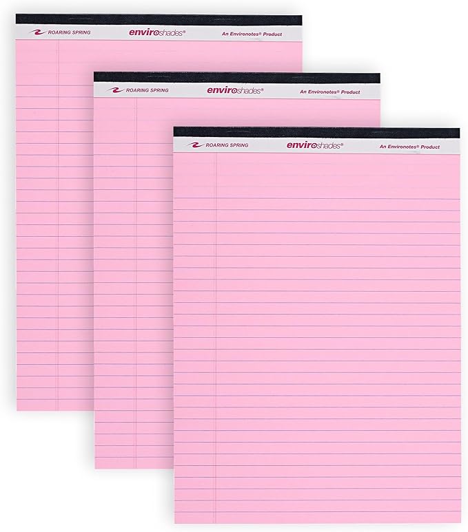 ROARING SPRING Enviroshades Pink Legal Pads, 3 Pack, Legal Ruled Recycled Colored Writing Note Pads, 8.5" x 11", 50 Sheets, Perforated Paper, Made in USA, Memo Pad For School & Office
