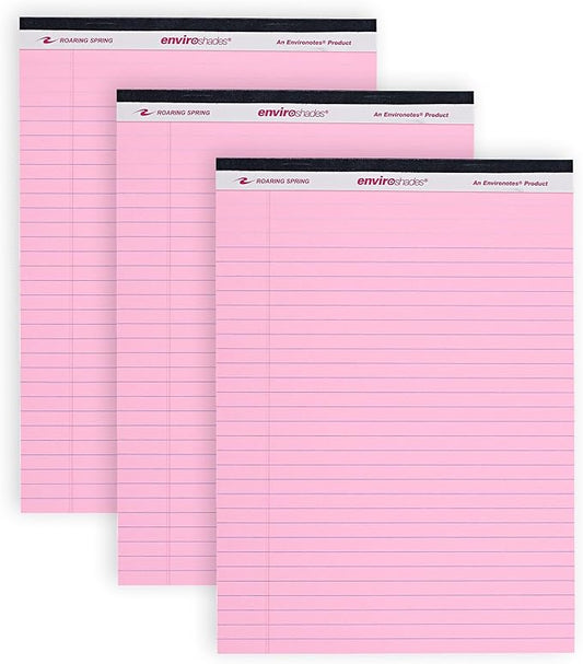 ROARING SPRING Enviroshades Pink Legal Pads, 3 Pack, Legal Ruled Recycled Colored Writing Note Pads, 8.5" x 11", 50 Sheets, Perforated Paper, Made in USA, Memo Pad For School & Office