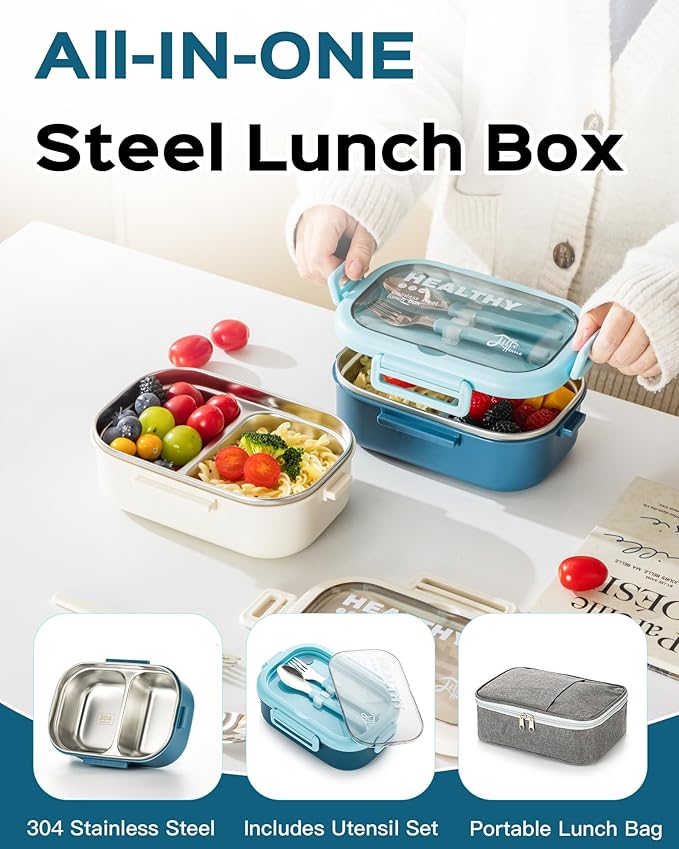 Lille Home 28oz Stainless Steel Leakproof 2-Compartment Bento Lunch Box/Portion Control Food Container with Lunch Bag and Cutlery Set, BPA Free (Light Blue)