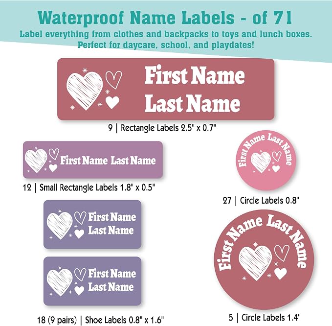 Personalized Daycare Name Labels for Kids (71 Labels) - Custom Durable Waterproof Name Stickers for Clothing Tags, Water Bottles, Lunch Boxes, and School Supplies - Dishwasher, Washer
