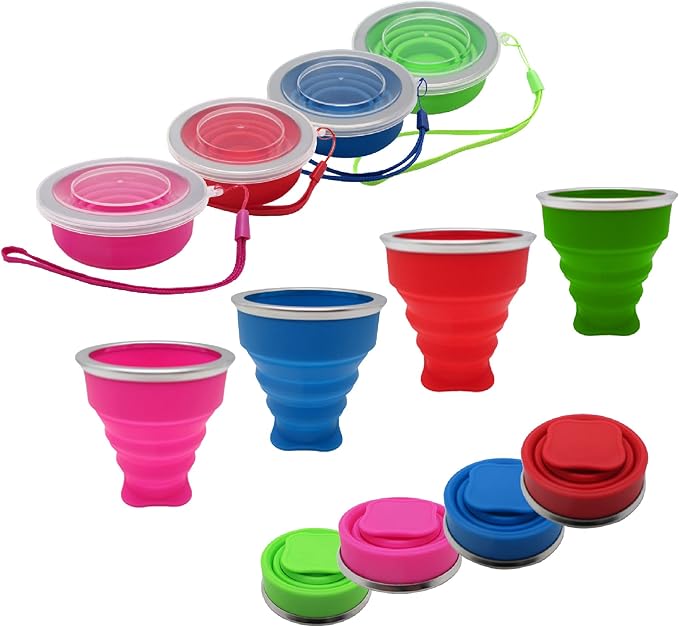 Gadgetime USA Collapsible Drinking Cup (Pack of 4) - Reusable Travel Mug - Silicone Drinking Glass for Hiking, Picnic, Camping & More - Small Portable cup for Outdoors - Folding Cups with Lids