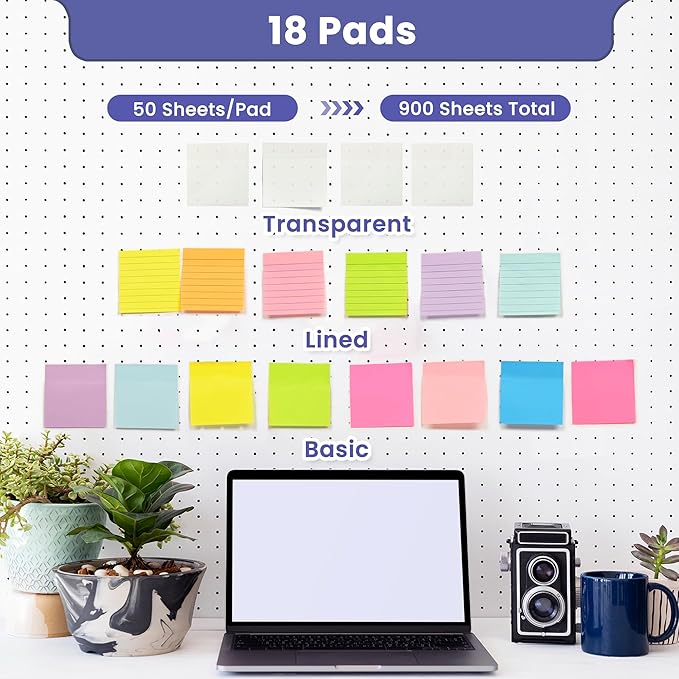 3x3 Inches Sticky Notes Variety Pack, 18 Pads Self Stick Notes, 50 Sheets/Pad, 900 Total Sheets, Included Blank, Lined and Transparent Pads, Bulk Teacher School and Office Supplies