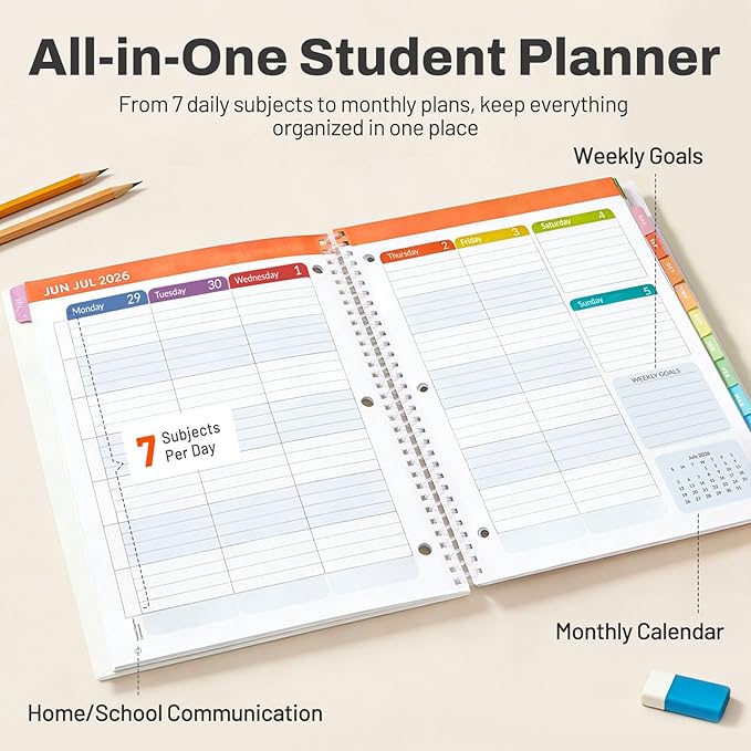 Student Planner 2026-2027, SUNEE Academic Weekly & Monthly Plan Book, Jul. 2026 - Jun. 2027, 8.5"×11" School Planner, Lesson Plan Book with Week's Goals, Bookmark, Monthly Tabs, 3-Hole Punched, Purple